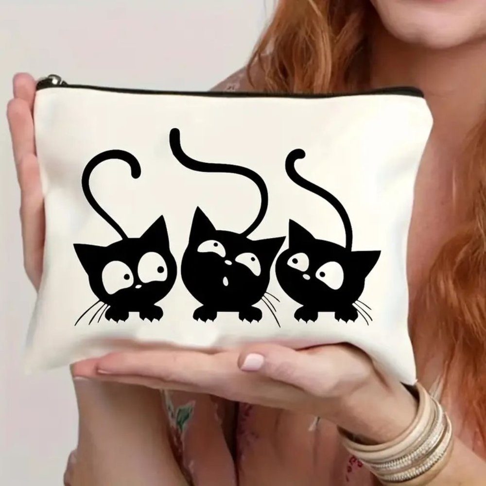 Cosmetic Bag Cats Makeup Clutch Pouch Travel Kitty Canvas Black Funny Cute NEW